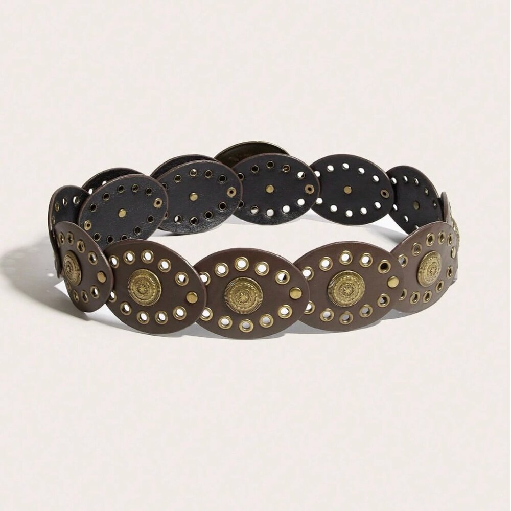 Brown Grommet Concho Belt with Ornate Brass Floral Buckle - Picture 2 of 2